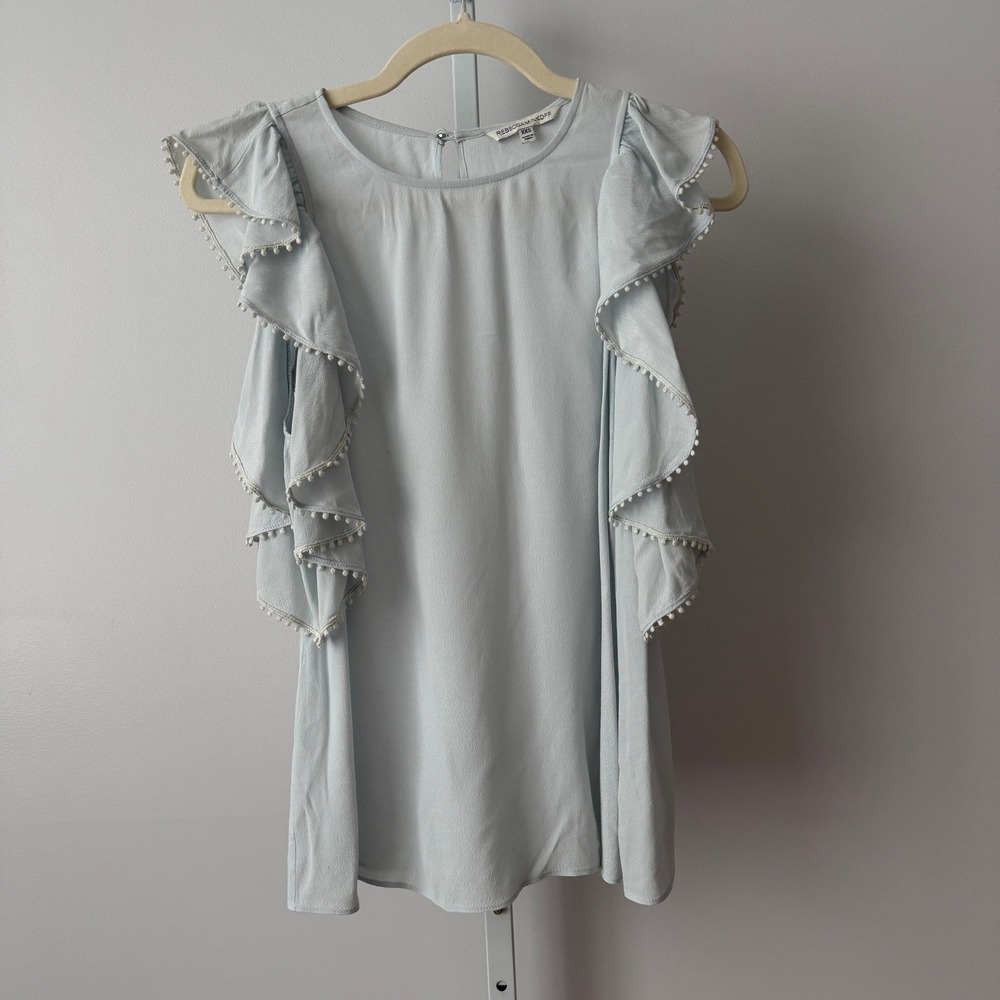 Rebecca Minkoff XXS Blue Blouse Ruffle Trim Flutter Sleeve Top Preppy Classic